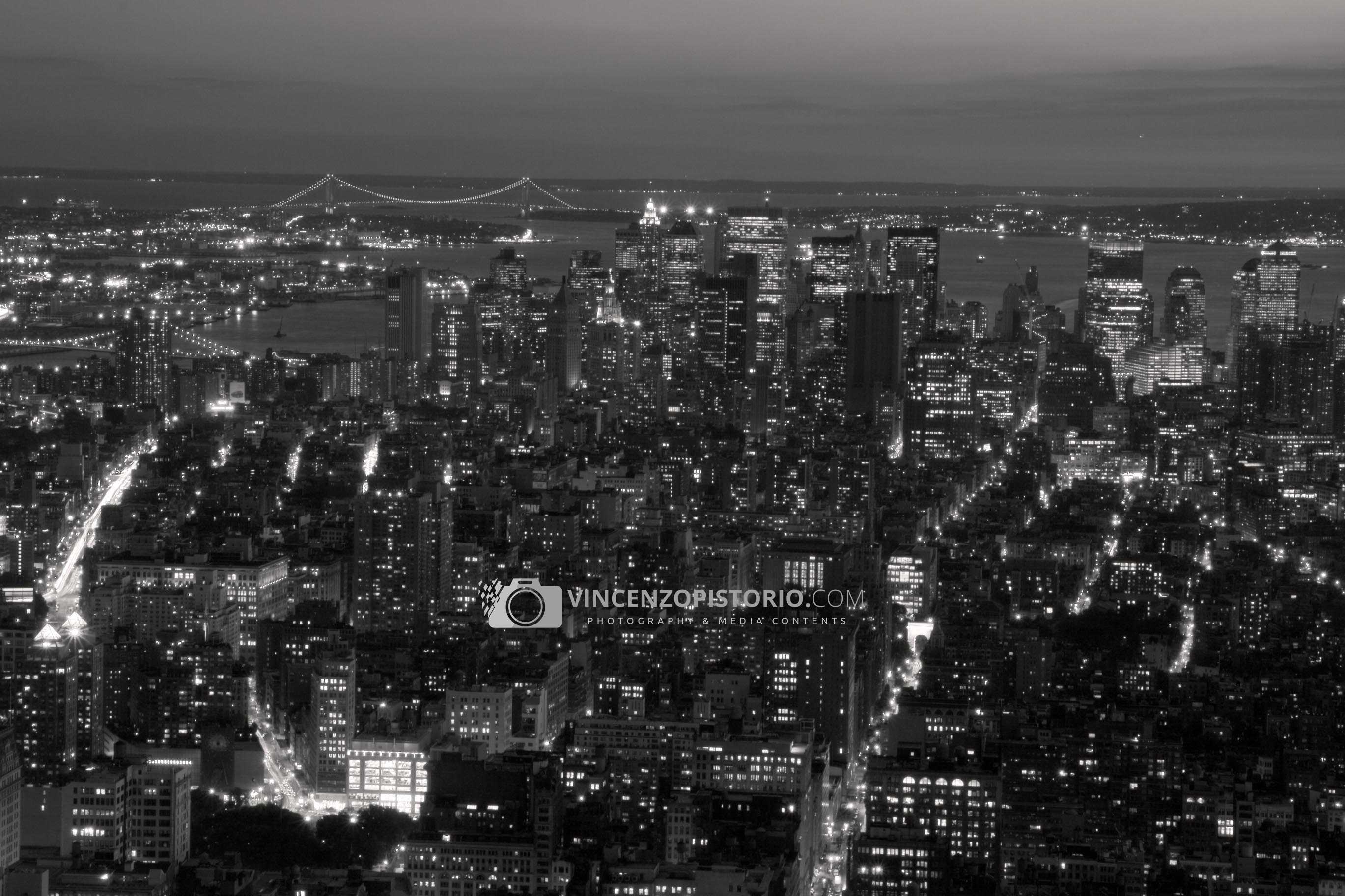 Skyscrapers and Verrazzano Bridge at night – BW