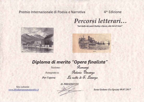 Finalista al Premio "dal Golfo dei poeti Shelley e Byron alla Val di Vara"